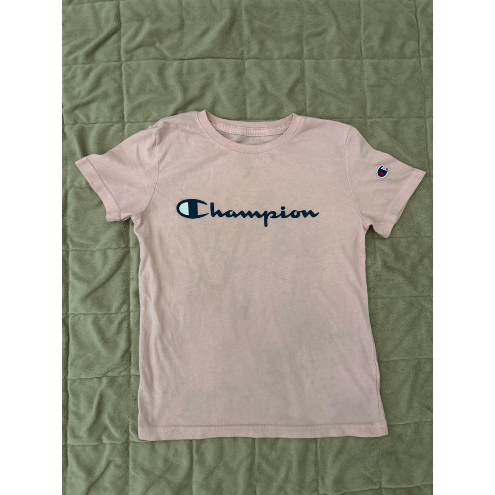Champion Kids Girls Light Pink Script Logo Short Sleeve Graphic T-Shirt Size 7